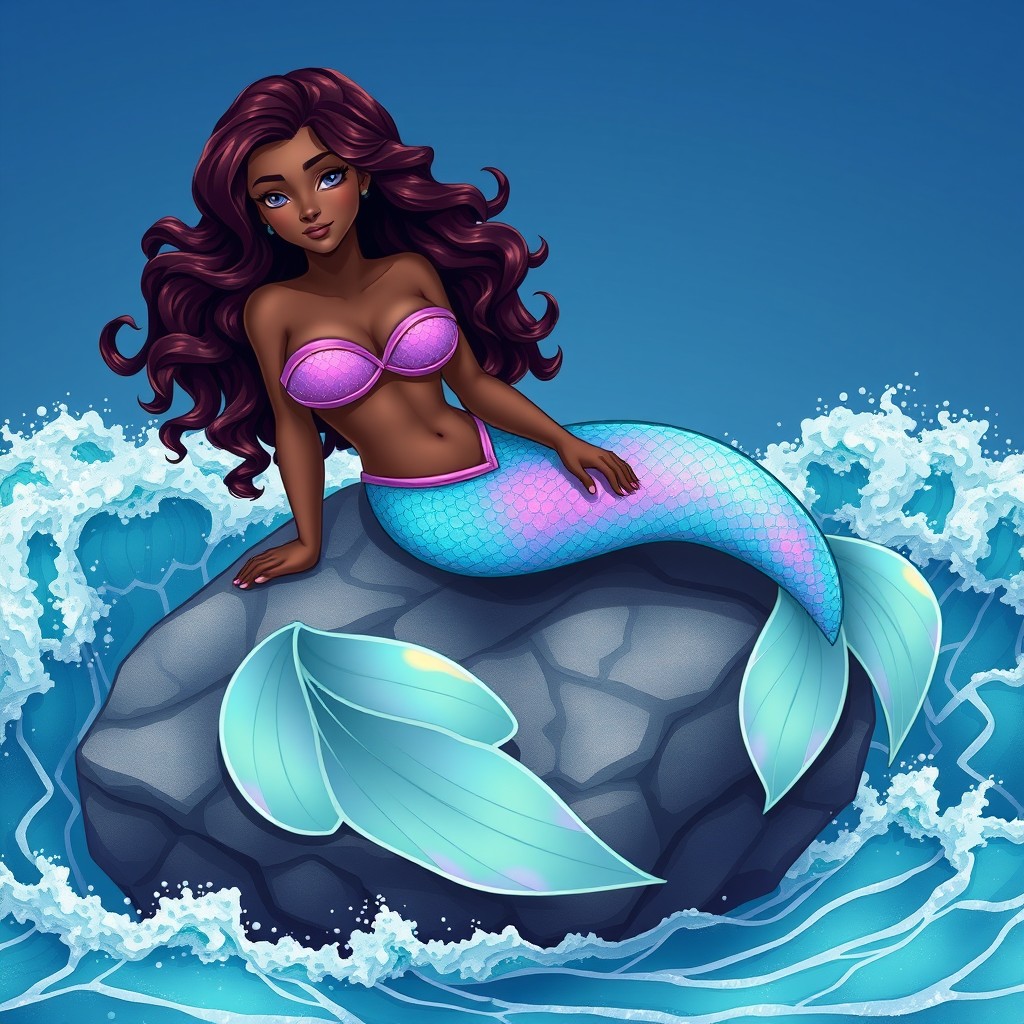 An illustration of a beautiful adult mermaid with long, curly mahogany hair and dark skin, featuring a stunning iridescent mint green tail adorned with bright touches of violet and pink