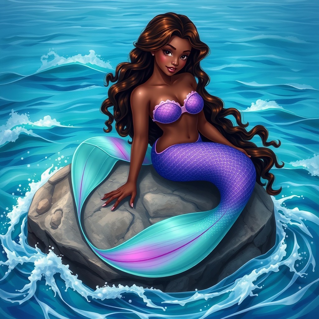 A realistic illustration of a beautiful adult mermaid with long, curly mahogany hair and dark skin
