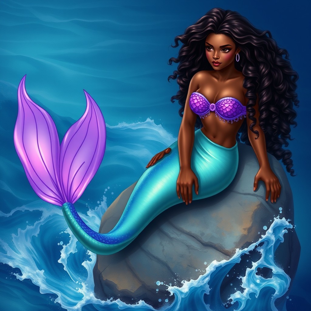A realistic illustration of a beautiful adult mermaid with long, curly mahogany hair and dark skin