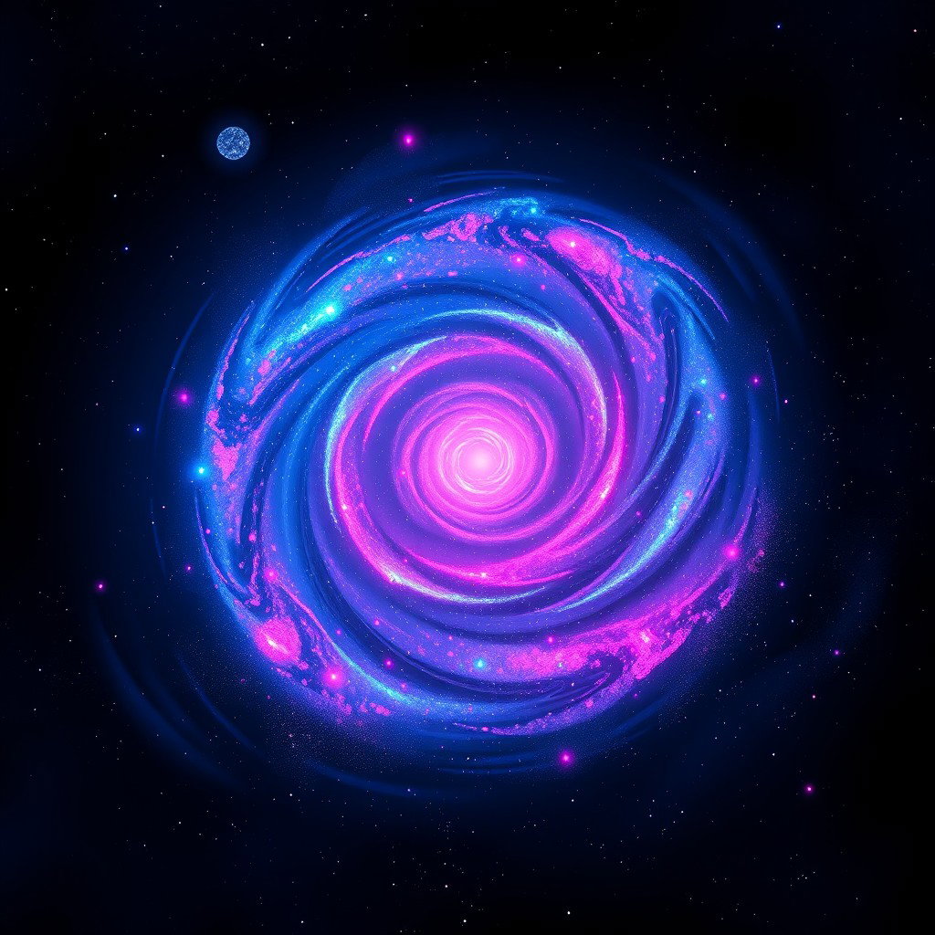 A stunning visual representation of a rotating galaxy, infused with vibrant neon colors that embody a lofi aesthetic