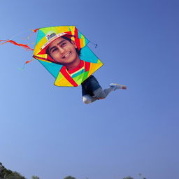 A realistic image of a 20-year-old boy, wearing a t-shirt with the name 'Aanand' printed on it, jeans, and shoes, gleefully flying a kite under a clear sky.