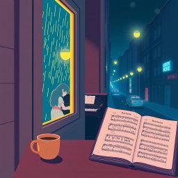 A serene night city scene in a lofi style, featuring a narrow street illuminated by soft yellow streetlamp light