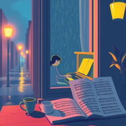 A serene night city scene in a lofi style, featuring a narrow street illuminated by soft yellow streetlamp light