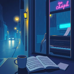 A serene night city scene in a lofi style, featuring a narrow street illuminated by soft yellow streetlamp light
