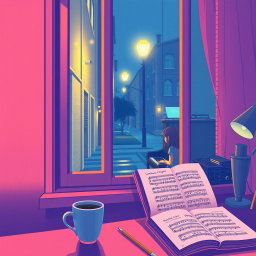 A serene night city scene in a lofi style, featuring a narrow street illuminated by soft yellow streetlamp light