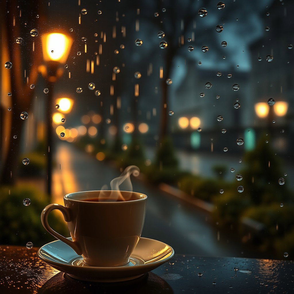 An enchanting evening scene that captures the essence of raindrops and coffee