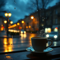 An enchanting evening scene that captures the essence of raindrops and coffee