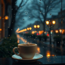 An enchanting evening scene that captures the essence of raindrops and coffee