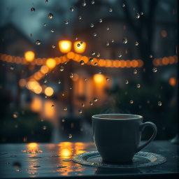 An enchanting evening scene that captures the essence of raindrops and coffee