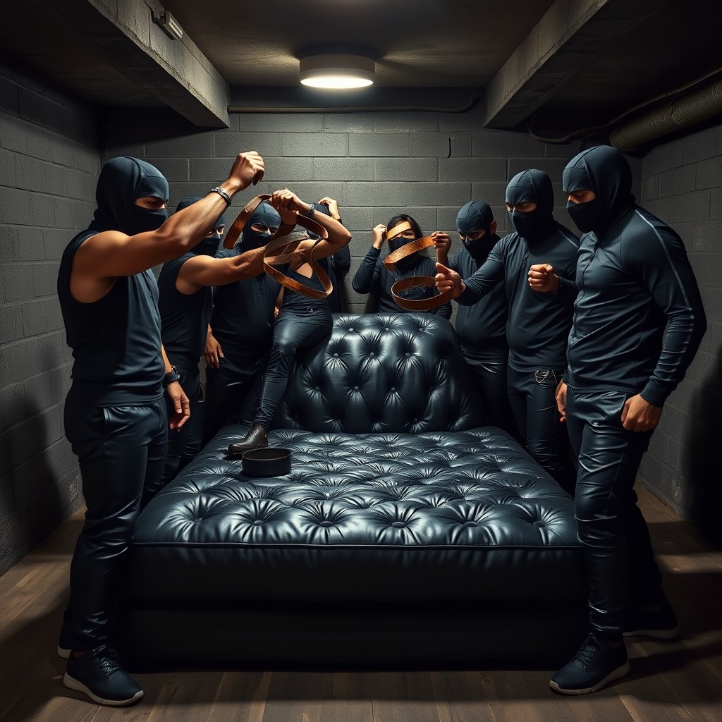 In a dimly lit basement, a group of athletic 18-year-old thugs wearing ultra-tight black leather chaps and snug black bulging tracksuits gather around a large, luxurious black leather mattress