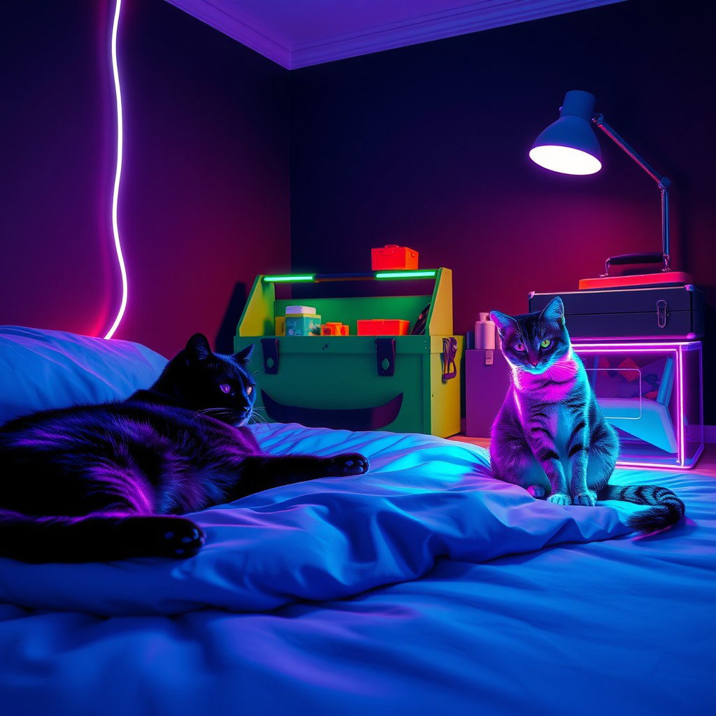 A dreamy lofi neon scene featuring two cats resting on a bed