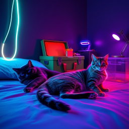 A dreamy lofi neon scene featuring two cats resting on a bed