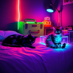 A dreamy lofi neon scene featuring two cats resting on a bed
