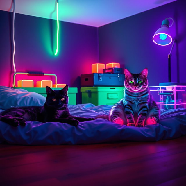 A dreamy lofi neon scene featuring two cats resting on a bed