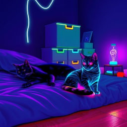 A cozy lofi neon scene featuring two cats resting on a bed