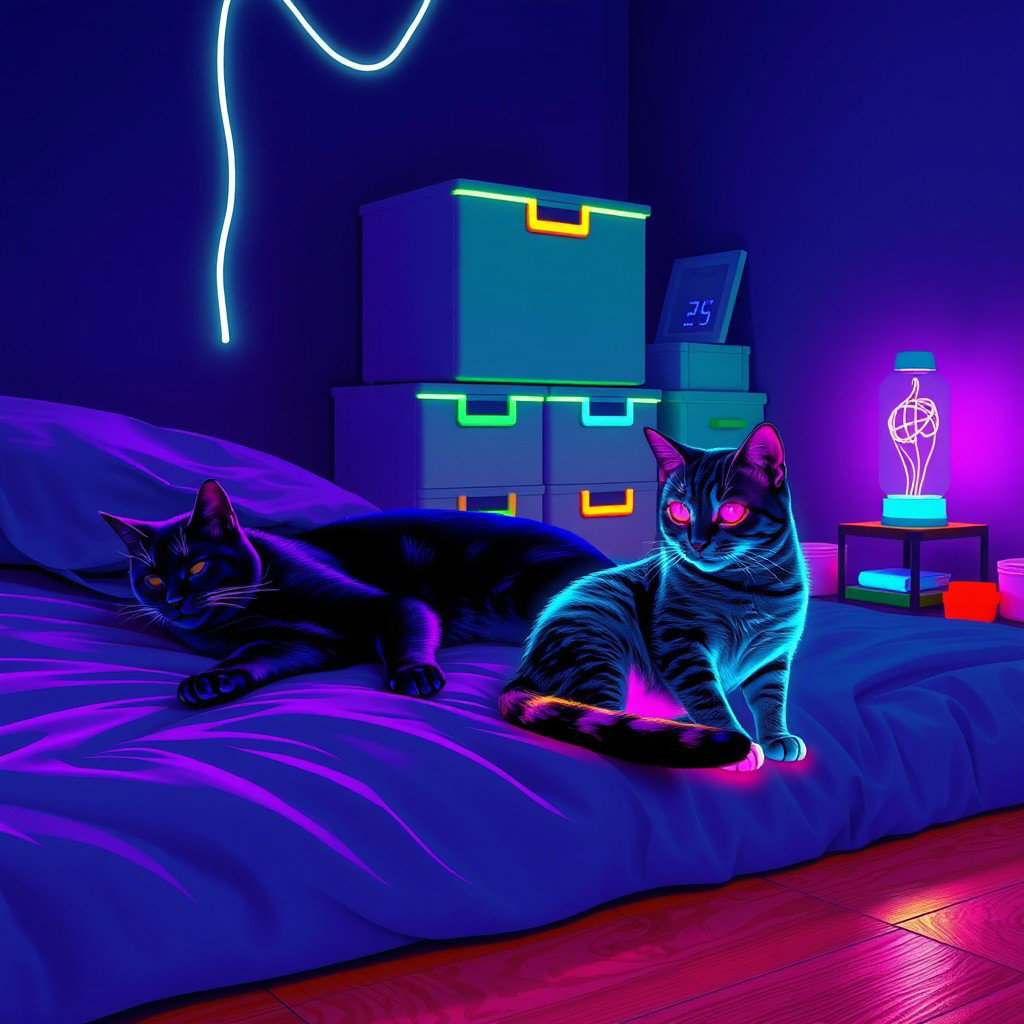 A cozy lofi neon scene featuring two cats resting on a bed