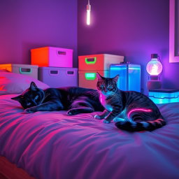 A cozy lofi neon scene featuring two cats resting on a bed