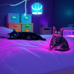 A cozy lofi neon scene featuring two cats resting on a bed