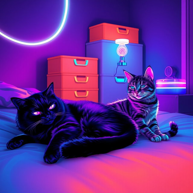A cozy lofi neon scene featuring two cats resting on a bed