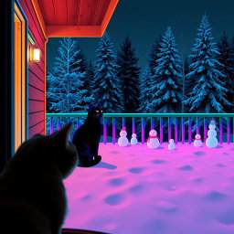 A cozy winter scene in lofi neon style
