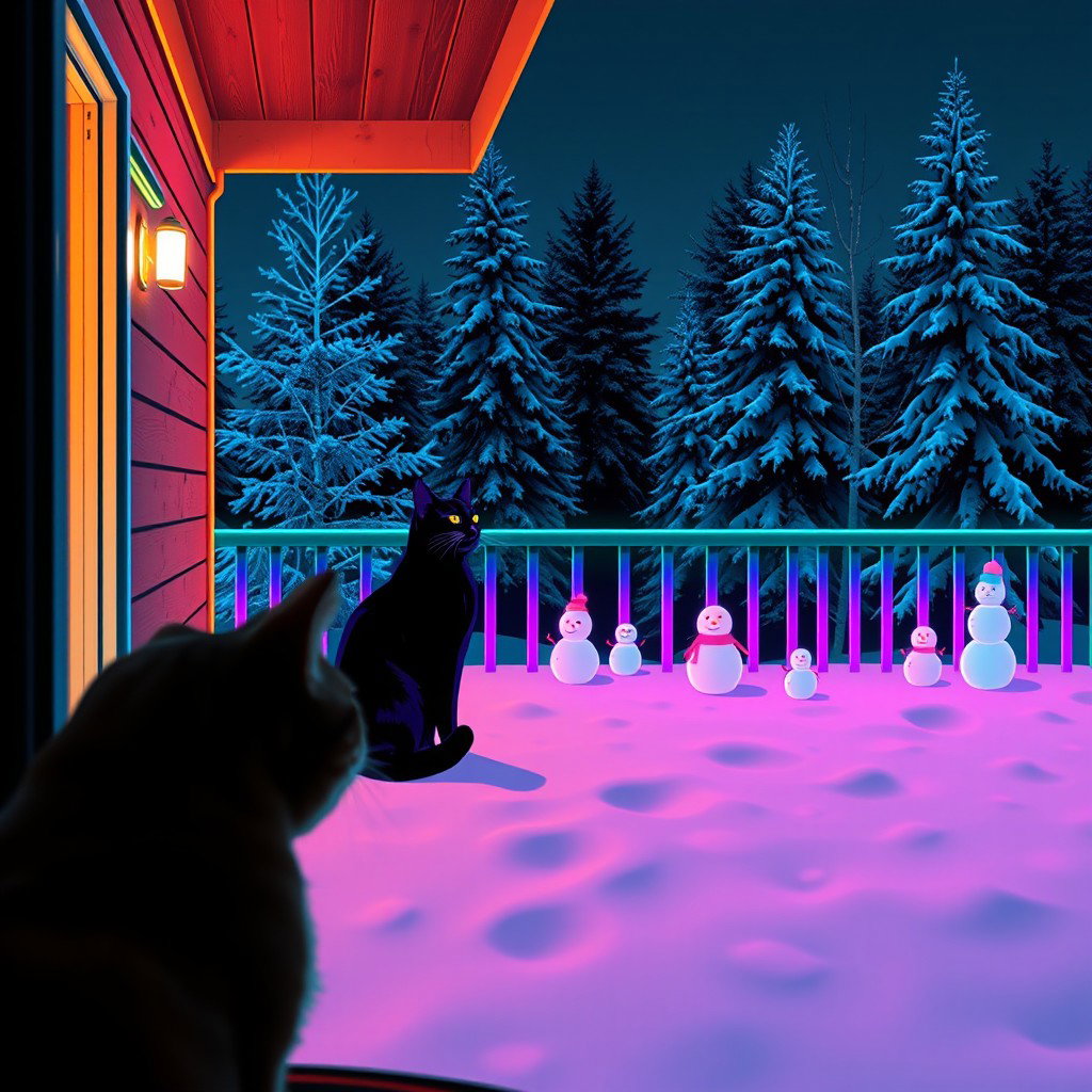 A cozy winter scene in lofi neon style