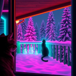 A cozy winter scene in lofi neon style