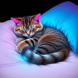 A calm lofi neon scene featuring a striped cat sleeping curled up tightly on a light cream blanket