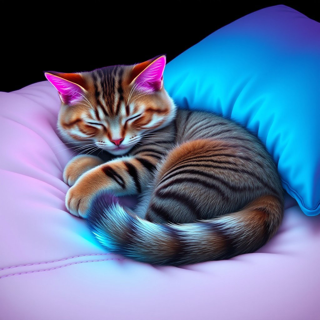 A calm lofi neon scene featuring a striped cat sleeping curled up tightly on a light cream blanket