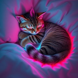 A calm lofi neon scene featuring a striped cat sleeping curled up tightly on a light cream blanket