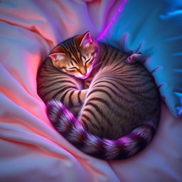 A calm lofi neon scene featuring a striped cat sleeping curled up tightly on a light cream blanket