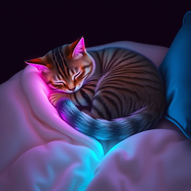 A calm lofi neon scene featuring a striped cat sleeping curled up tightly on a light cream blanket