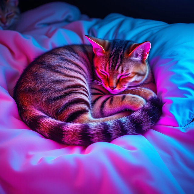 A vibrant and calm lofi neon scene featuring a striped cat sleeping curled up tightly on a light cream blanket