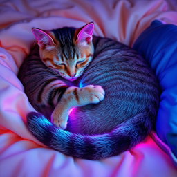 A vibrant and calm lofi neon scene featuring a striped cat sleeping curled up tightly on a light cream blanket