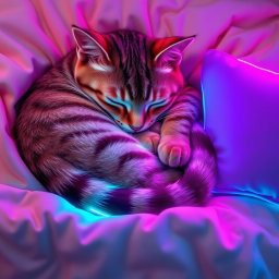 A vibrant and calm lofi neon scene featuring a striped cat sleeping curled up tightly on a light cream blanket