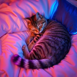 A vibrant and calm lofi neon scene featuring a striped cat sleeping curled up tightly on a light cream blanket