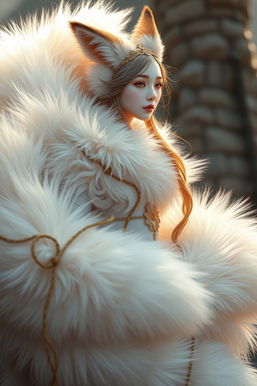 A hyper-realistic portrayal of a fluffy nine-tailed fox woman, blending the artistic styles of Wlop and Guweiz