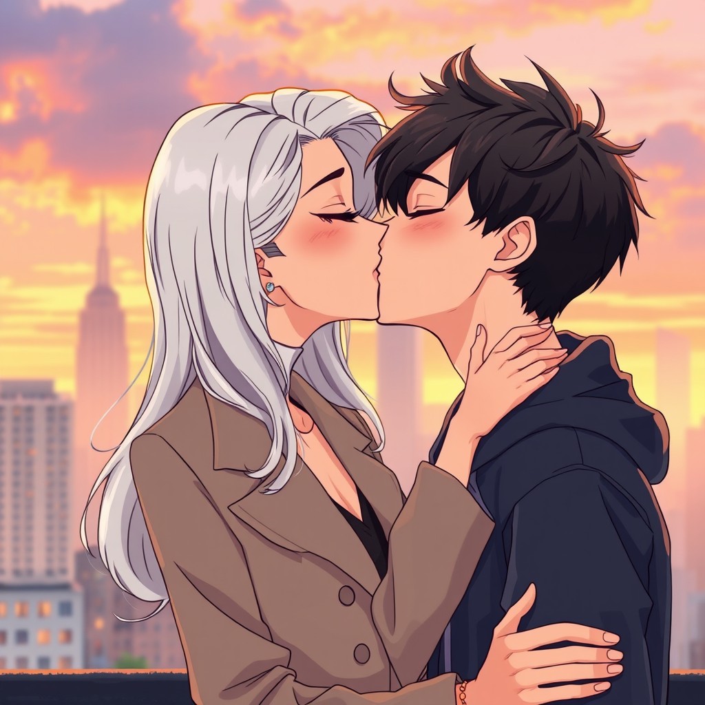 An anime-style illustration featuring a mature woman, aged 55, sharing a tender kiss with a young man, aged 20