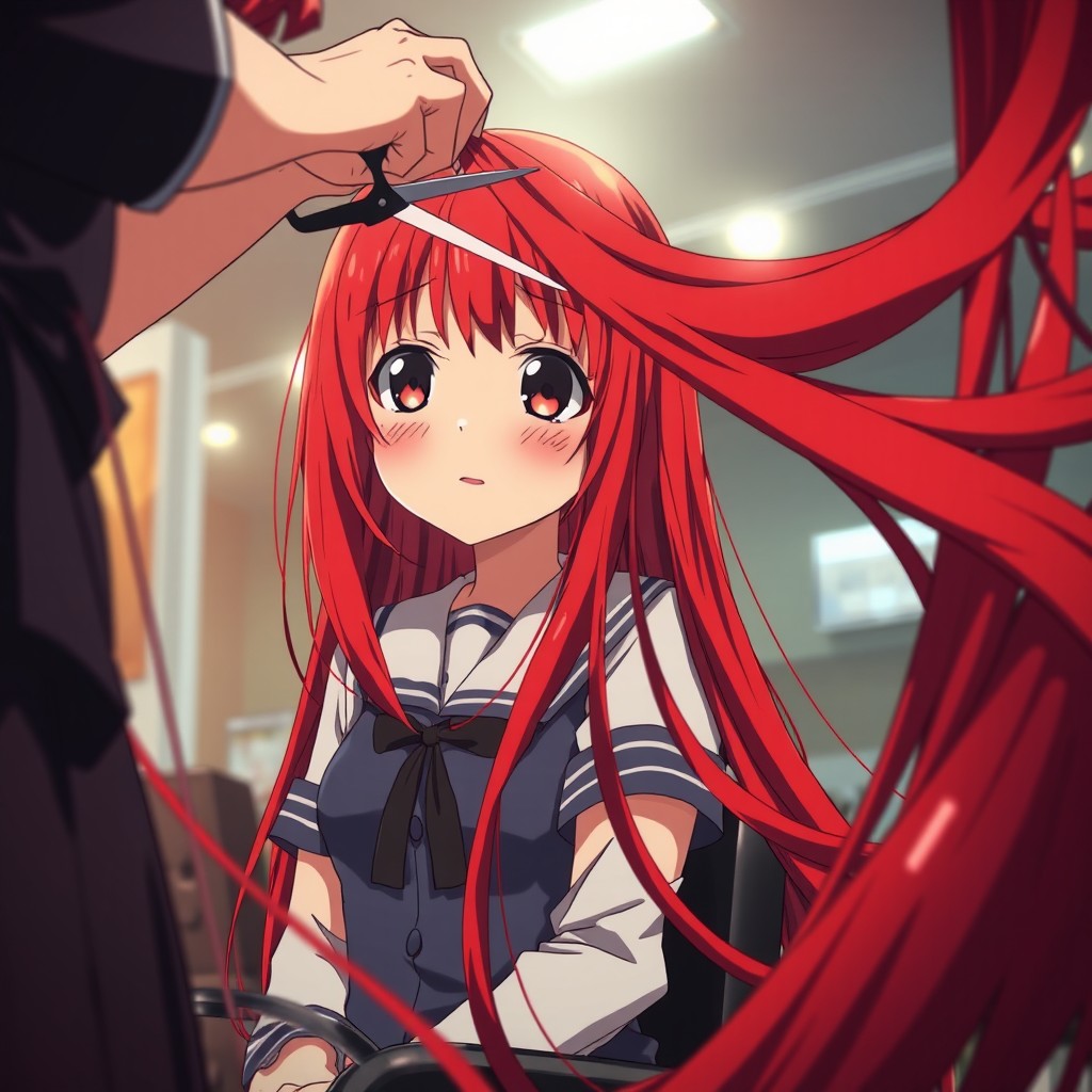 Anime scene set in a modern Japanese hair salon, featuring a girl with incredibly long red hair cascading down to the floor