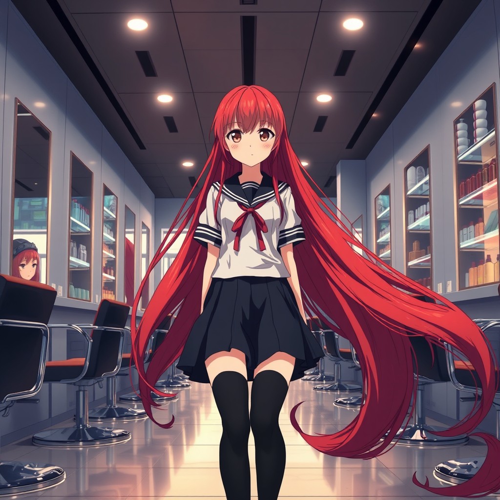 A dramatic scene featuring an anime girl with floor-length, flowing red hair, entering a modern Japanese hair salon