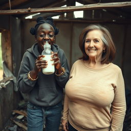 In a rundown, abandoned shack, a 19-year-old Black African woman, looking malnourished and frantic, holds a baby bottle filled with milk