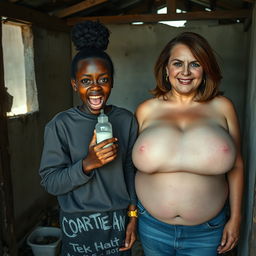 Inside an abandoned, rundown shack, a 19-year-old malnourished African woman with deeply rich black skin is portrayed holding a baby bottle, her eyes wide with panic and intensity