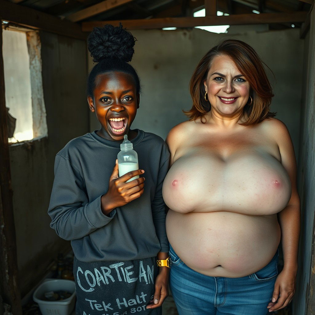 Inside an abandoned, rundown shack, a 19-year-old malnourished African woman with deeply rich black skin is portrayed holding a baby bottle, her eyes wide with panic and intensity