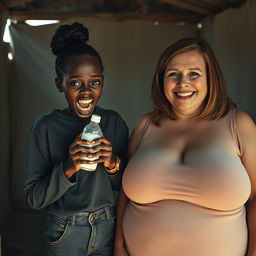 Inside an abandoned, rundown shack, a 19-year-old malnourished African woman with deeply rich black skin is portrayed holding a baby bottle, her eyes wide with panic and intensity