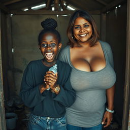 Inside an abandoned, rundown shack, a 19-year-old malnourished African woman with deeply rich black skin is portrayed holding a baby bottle, her eyes wide with panic and intensity