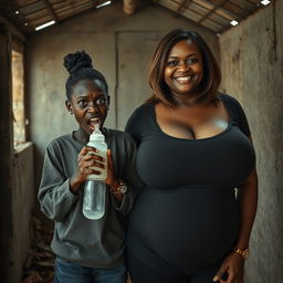 Inside an abandoned, rundown shack, a 19-year-old malnourished African woman with deeply rich black skin is portrayed holding a baby bottle, her eyes wide with panic and intensity