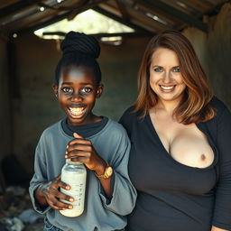 Inside an abandoned, rundown shack, a 19-year-old malnourished African woman with deep black skin is portrayed holding a baby bottle, her eyes wide and intense