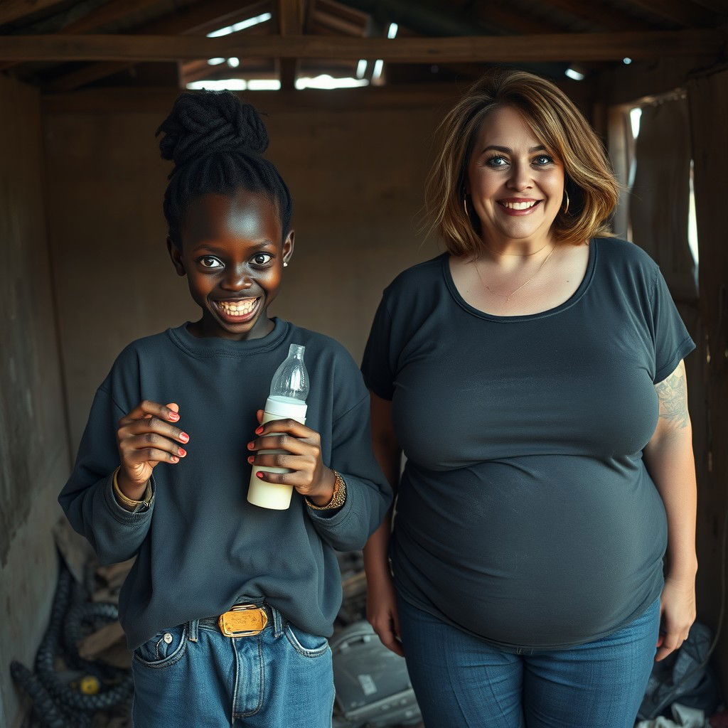 Inside an abandoned, rundown shack, a 19-year-old malnourished African woman with deep black skin is portrayed holding a baby bottle, her eyes wide and intense