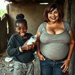 Inside an abandoned, rundown shack, a 19-year-old malnourished African woman with deep black skin is portrayed holding a baby bottle, her eyes wide and intense