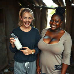 In an abandoned poor shack, a 19-year-old malnourished and evil-looking blonde woman with blue eyes holds a milk bottle, her eyes wide and manic as she screams and smiles