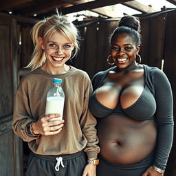 In an abandoned poor shack, a 19-year-old malnourished and evil-looking blonde woman with blue eyes holds a milk bottle, her eyes wide and manic as she screams and smiles